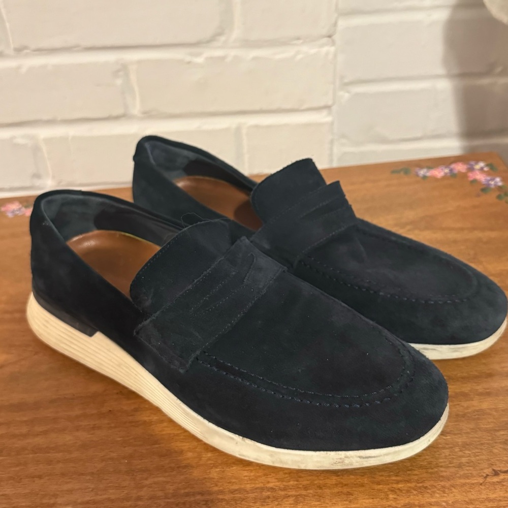 Wolf & Shepard cross over penny loafers navy suede men’s 11.5